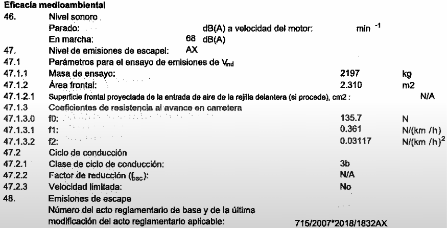 Apartado de "Eficacia mediomabiental" del Certificado de Conformidad europeo para vehículos.